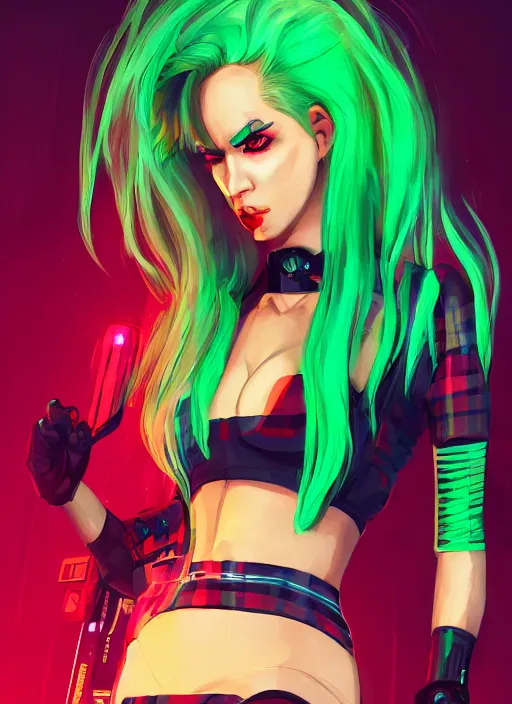 Image similar to cyberpunk woman with green hair wearing futuristic clothes and a red plaid miniskirt, synthwave aesthetic, character portrait, by wlop, by artgerm, by james gilleard, digital art, matter art, octane render, lineart, pop art