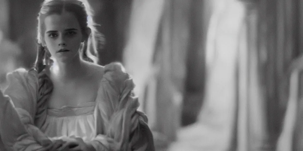 Prompt: Emma Watson long hair flowing robes baroque room cinematic lighting stanley kubrick barry lyndon Canon eos M50 200mm