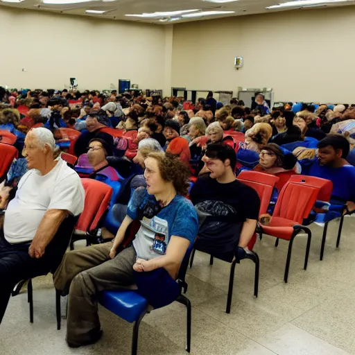 Image similar to werner herzog sits surrounded by empty chairs in the waiting area of the dmv. ultra wide angle, wes anderson, award winning, hyperrealistic, grand budapest hotel, studio lighting, very detailed face, 4 k