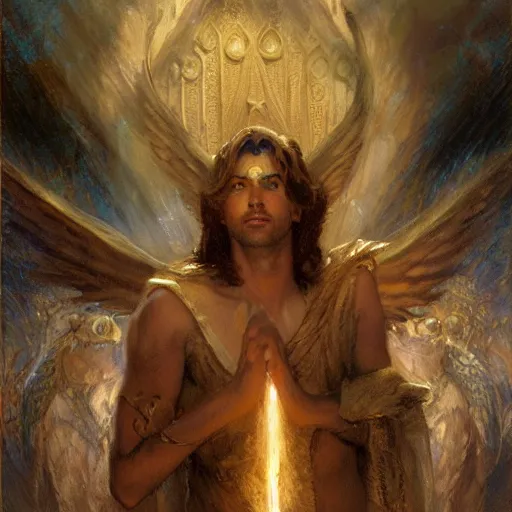 Image similar to attractive male deity casts light spell, summons attractive male lucifer morningstar. highly detailed painting by gaston bussiere, craig mullins, j. c. leyendecker 8 k