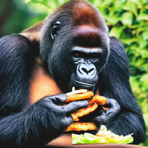 Image similar to realistic detailed sharp 35mm photo of a gorilla eating a burger at McDonald's