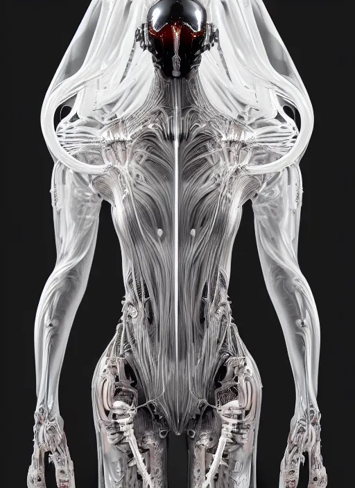 Image similar to iris van herpen gothic inflateble dark dress, perfect symmetrical body, helmet on face, full body shot, inflateble shapes, wires, tubes, veins, jellyfish, white biomechanical details, wearing epic bionic cyborg implants, masterpiece, intricate, biopunk, vogue, highly detailed, artstation, concept art, cyberpunk, octane render