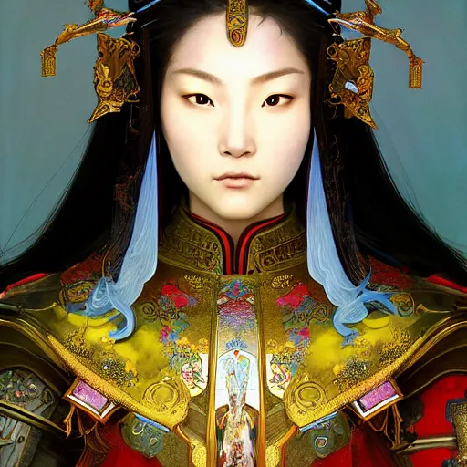 Image similar to beautiful and divine and holy and elite and colorlpunk young three kingdom chinese female armor knight portrait +shinnyy eyes+front face with light flowing hair, ultradetail face, art and illustration by tian zi and craig mullins and WLOP and alphonse mucha, fantasy, intricate complexity, human structure, human anatomy, fantasy character concept, watermark, blurry, hyperrealism 8k