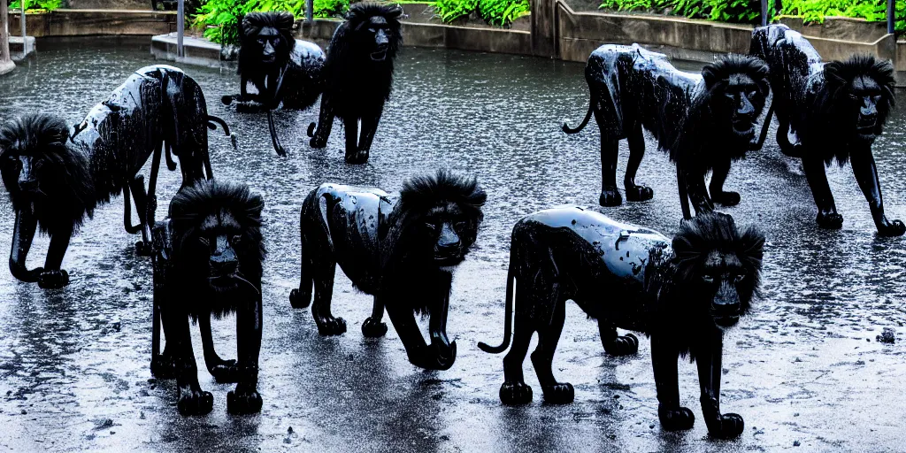 Image similar to the pack of smooth black lions, made of smooth black goo, bathing in the black goo moat in the zoo exhibit, viscous, sticky, full of black goo, covered with black goo, splattered black goo, dripping black goo, dripping goo, splattered goo, sticky black goo. photography, dslr, reflections, black goo, zoo, exhibit