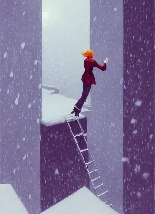 Image similar to woman in black suite climbing ladder to the hole in the sky, snowing night by Edward Hopper and James Gilleard, Zdzislaw Beksinski, Katsuhuro Otomo highly detailed