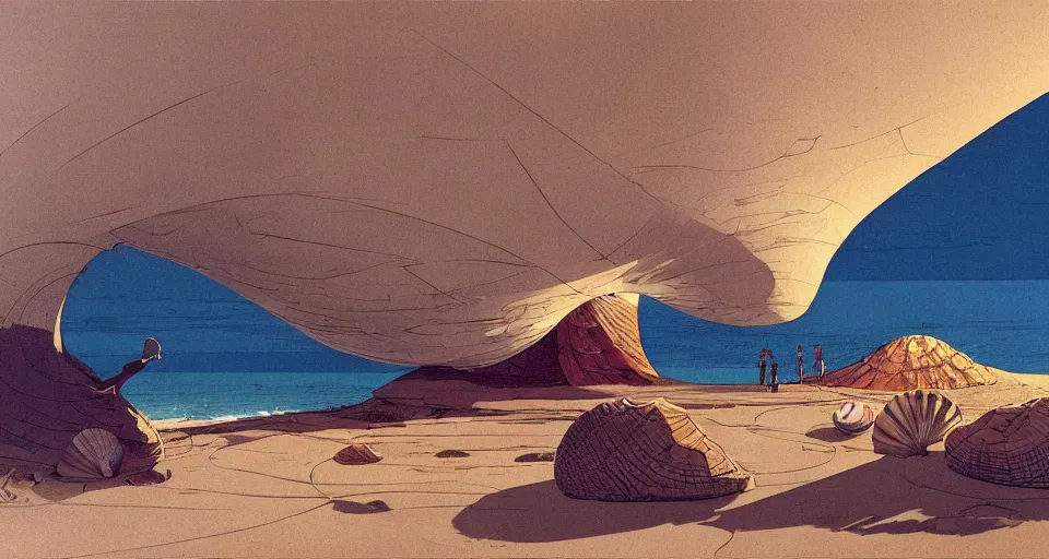 Image similar to a giant seashell house in the middle of nowhere, by syd mead, moebius, j. h. williams iii