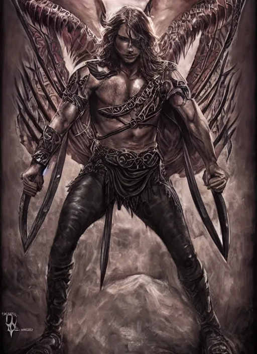 Image similar to front portrait of attractive Sam Winchester as a muscular warrior holding crossed swords metalic wings wide open, teared apart T-Shirt whole body tattooed with runes and satanic symbols, D&D!, fantasy style, sharp focus!, ultra detailed, art by Artgerm and Peter Andrew Jones, WLUP