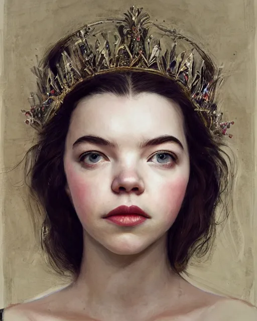 Prompt: cinematic portrait of anya taylor - joy in a queen's gambit, intricate, elegant, by alyssa monks, highly detailed, symmetrical face, fine details, masterpiece, trending on artstation