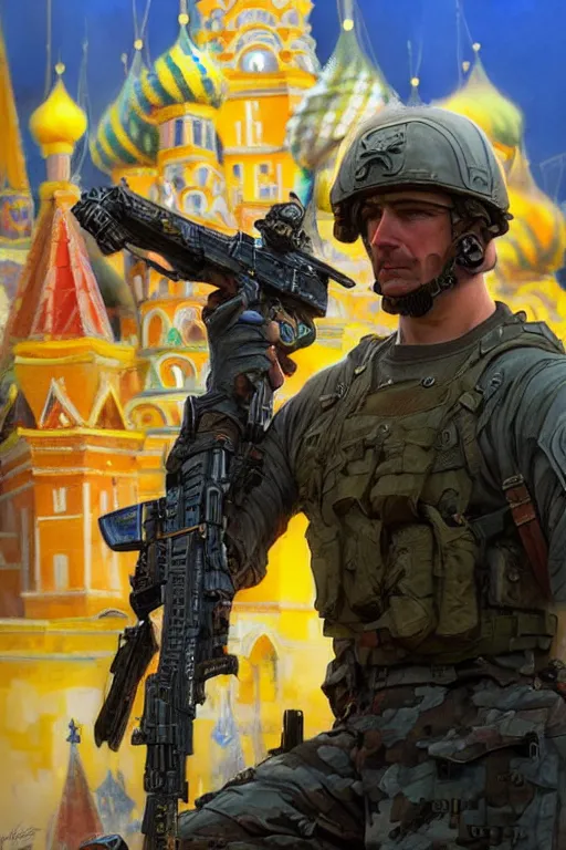 Image similar to special forces soldier installin ukrainian blue and yellow flag on red square kremlin, masculine figure, d & d, fantasy, bright atmosphere, volumetric lights, intricate, elegant, extremely detailed, digital painting, artstation, concept art, matte, smooth, sharp focus, hyper realistic, illustration, art by artgerm and greg rutkowski and alphonse mucha