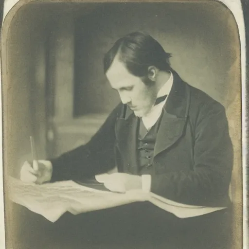 Prompt: A daguerreotype photograph of a man in a dark tavern reading a victorian newspaper article, 1880s, film grain, highly detailed