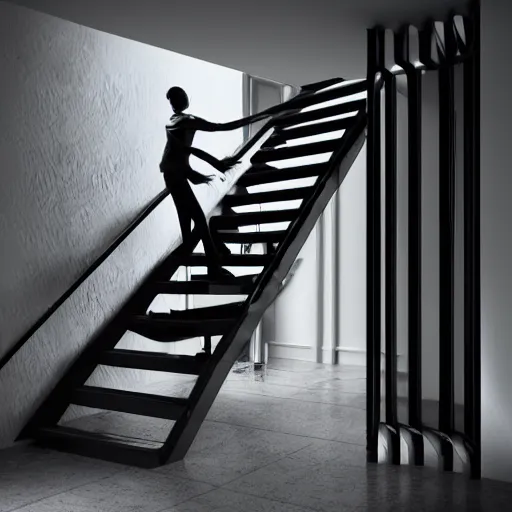 Prompt: scary monster with elongated arms descending a staircase in a home, scary lighting, realistic