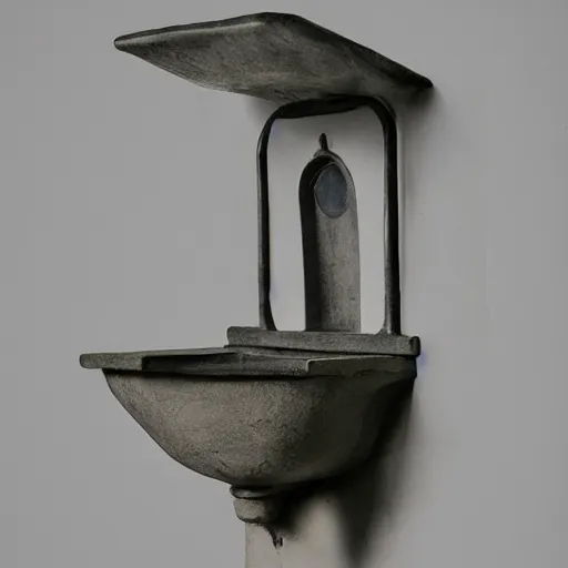 Prompt: a art documentation of Fountain, an upside down urinal, readymade object by Marcel Duchamp in the style of Rembrandt