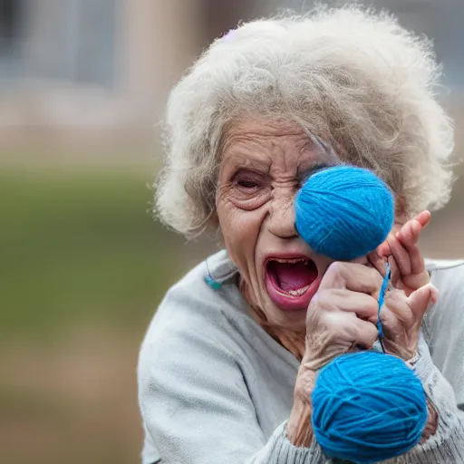 Image similar to elderly woman screaming at a ball of yarn, canon eos r 3, f / 1. 4, iso 2 0 0, 1 / 1 6 0 s, 8 k, raw, unedited, symmetrical balance, wide angle