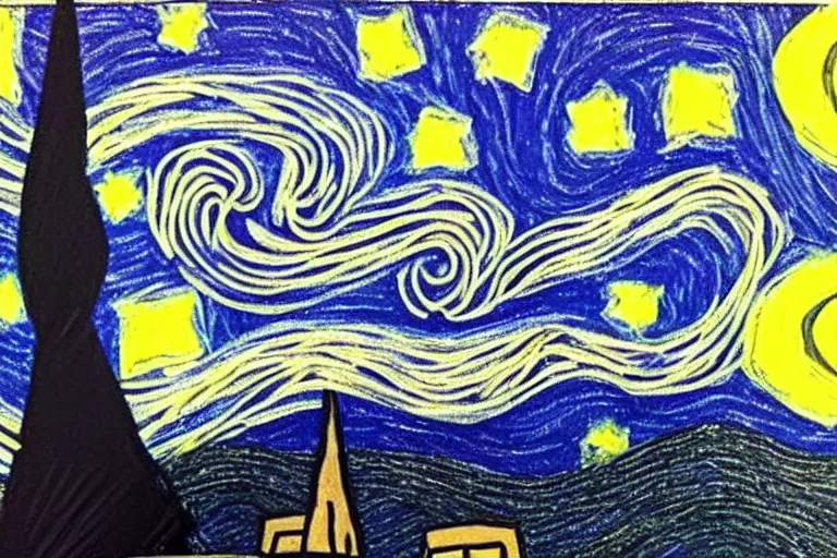 Prompt: starry night made by a five - year old with crayons and macaroni, diy, arts and crafts