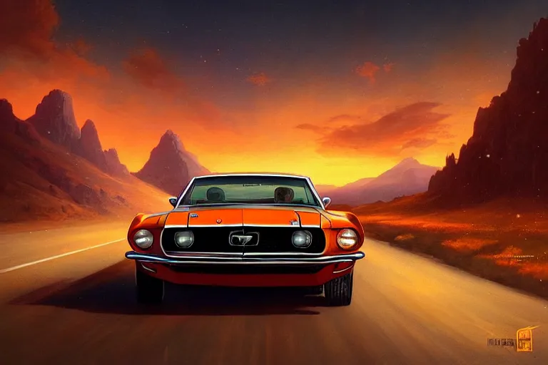 Prompt: a 1 9 6 8 mustang driving down a country road, coriolios rpg art style, full of details, warm sunset colors, matte painting, artstation, 8 k, hyperrealistic, style of peter mohrbacher, album cover, extreme long shot, mountains