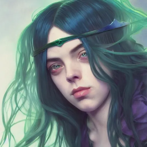 Image similar to Billie Eilish as Female Loki, very detailed, digital art, trending on artstation, concept art, smooth, illustration, art by artgerm and greg rutkowski and alphonse mucha and J. C. Leyendecker and Edmund Blair Leighton and Katsuhiro Otomo and Geof Darrow and Phil hale and Ashley wood