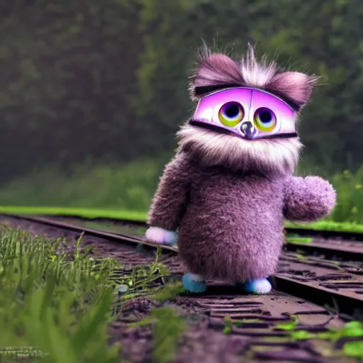 Prompt: A furby standing on the infinite tracks of an abandoned railway, liminal space, 4K HD, trending on artstation, cinematic