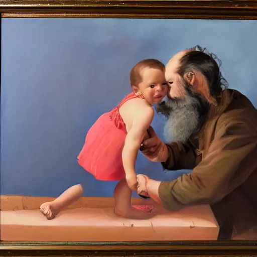 Image similar to laszlo moholy painting of beard grandpa taking a photo to a baby girl