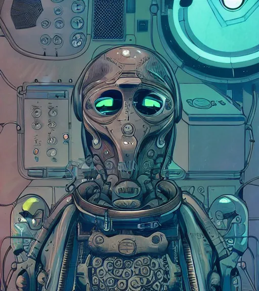 Prompt: a cybernetic realistic octopus in a space station, techwear, Industrial Scifi, detailed illustration, character portrait, by Martin Grip and Moebius