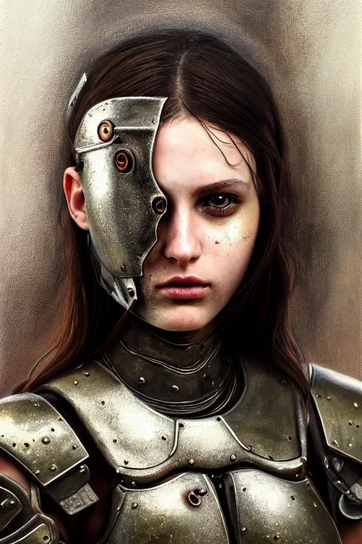 Image similar to a photorealistic painting of an attractive young girl, partially clothed in dirty metal-plated battle armor, spots of blood, olive skin, long dark hair, beautiful bone structure, symmetrical face, perfect eyes, intricate, elegant, digital painting, concept art, illustration, sharp focus, minimal artifacts, volumetric lighting, from Metal Gear, in the style of Ruan Jia and Mandy Jurgens and Greg Rutkowski, trending on Artstation, award winning