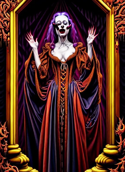 Prompt: beautiful oil painting, full length portrait of vampire!!!!! dauphinois in baroque coronation robes 1 7 0 1, blood, dan mumford, dan mumford, alex grey, hyacinthe rigaurd, highly detailed, lsd visuals, dmt fractal patterns, visionary art, psychedelic art, ornate, vaporwave, baroque, greg rutkowski