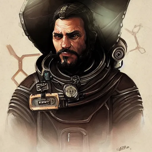 Image similar to “A portrait of a space pirate with his ship in the background, D&D sci-fi, artstation, concept art, highly detailed illustration.”