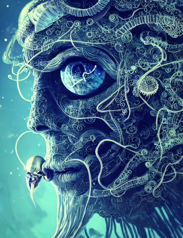 Image similar to eye of god macro close - up portrait with mask made of ram skull. betta fish, jellyfish phoenix, plasma, ice, water, wind, creature, super intricate ornaments artwork by tooth wu and wlop and beeple and greg rutkowski