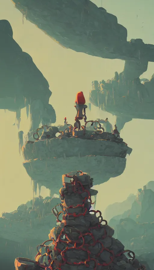 Image similar to rock monster, true evil, dormant in chains, calling a traveler nearby, sharp focus, james gilleard, cinematic, game art, extremely detailed digital painting