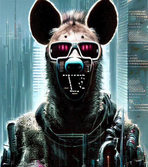 Image similar to new york city portrait icon of furry anthro anthropomorphic spotted hyena head animal person fursona wearing clothes strange cybernetic metal muzzle gloomy rainy screenshot from the video game cyberpunk 2077 digital art by Greg Rutkowski, Simon Stalenhag, christopher nolan trending on Artstation, CGSociety