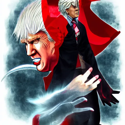 Prompt: Fusion of Donald Trump and Dante from the game Devil May Cry in the style of Araki Hirohiko, concept art