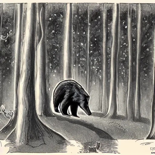 Image similar to magical forest, bear, trees, honey, 1 9 2 0 s cartoon, rubber hose, fleischer studios, portrait, merry melodies, sharp focus