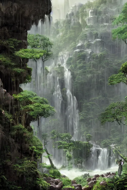 Image similar to carved into a Mountain a temple above a waterfall, arches adorned pillars, archways, gnarly trees, lush vegetation, forrest, a small stream runs beneath the waterfall, landscape, raphael lacoste, eddie mendoza, alex ross, concept art, matte painting, highly detailed, rule of thirds, dynamic lighting, cinematic, detailed, denoised, centerd