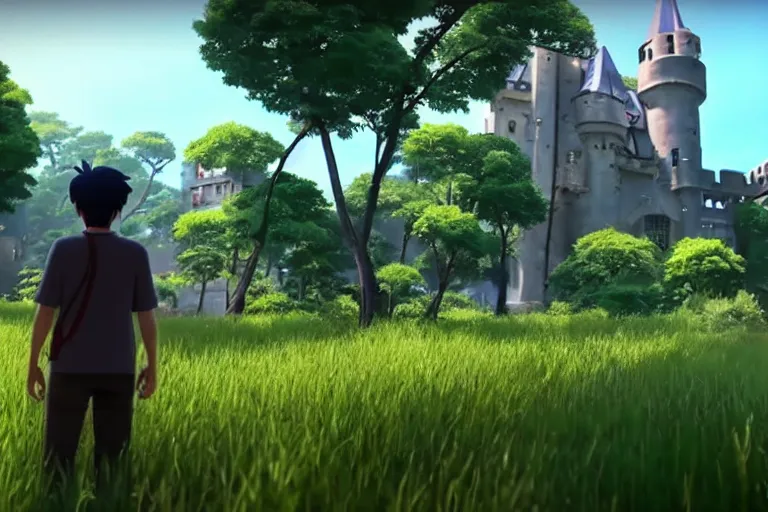 Image similar to game trailer of a semi realistic first person studio ghibli, pixar and disney animation, sharp, shooter game trailer on victorian castle, castle landscape, cinematic lighting, ray tracing, unreal engine 5, photorealistic