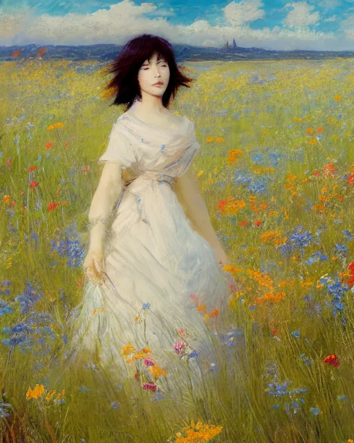 Prompt: A realistic painting of a beautiful anime woman standing in a large field of wildflowers background by Frank Weston Benson and Miyazaki Hayao, wind blowing