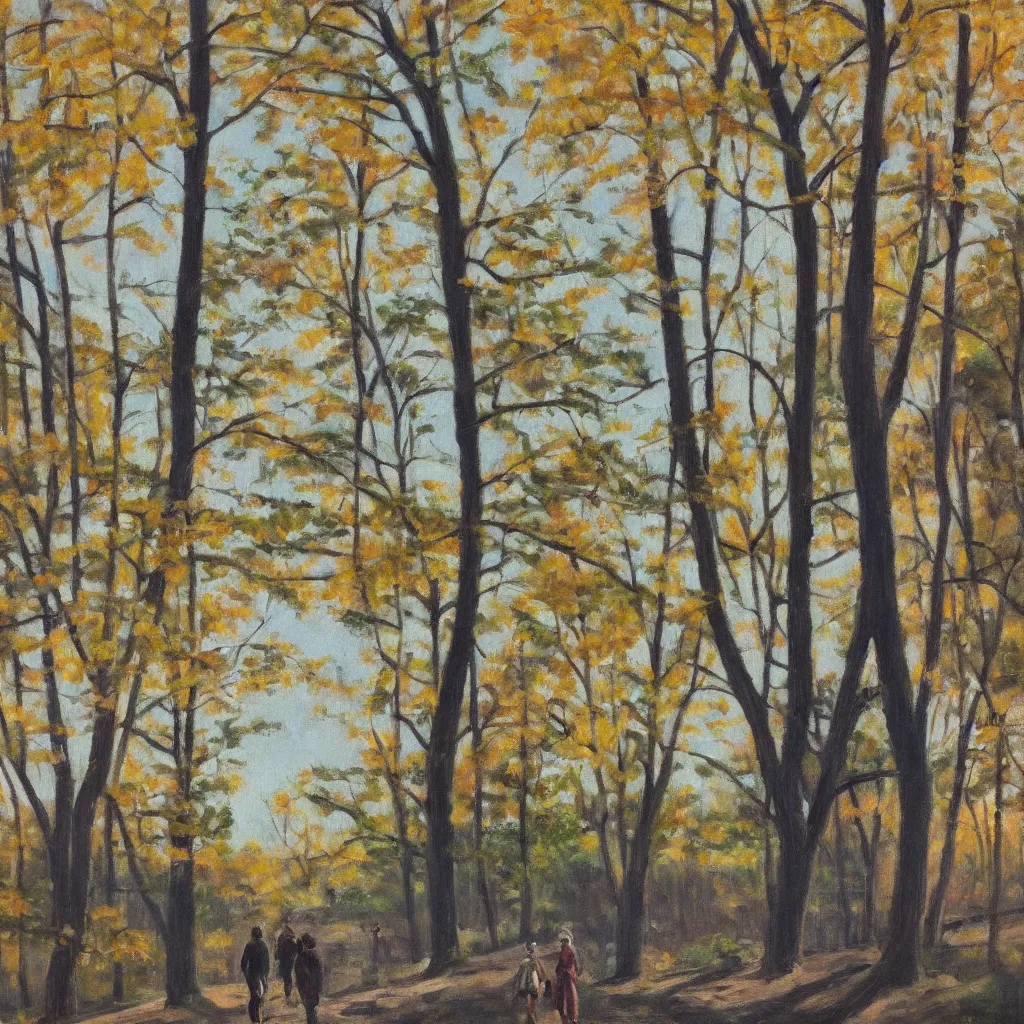 Image similar to 1 9 4 0 s american realist oil painting of walking together in the late afternoon light of gatineau park in october