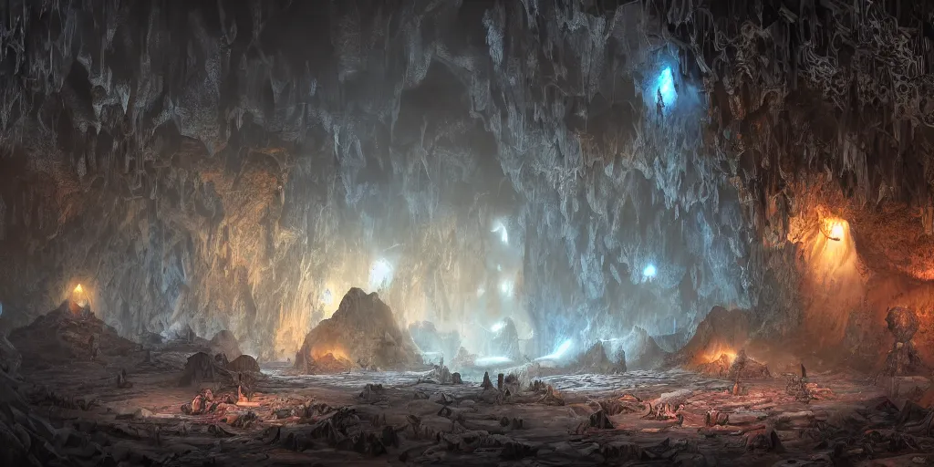 Image similar to fantasy matte painting of a cave with glowing crystals on the walls and piles of bones on the floor, fantasy, sharp focus, artstation