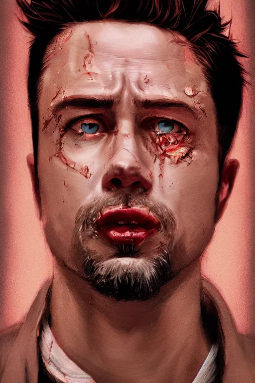 Prompt: cinematic portrait of Tyler Durden. Centered, uncut, unzoom, symmetry. character illustration. Surreal render, ultra realistic, zenith view. Polished. Inspired by patricio clarey, heidi taillefer scifi painter glenn brown. Extremely ornated. artstation, cgsociety, unreal engine, ray tracing, detailed illustration, hd, 4k, digital art, overdetailed art. Dslr, tiltshift, dof. 64megapixel. complementing colors. Trending on artstation, deviantart,