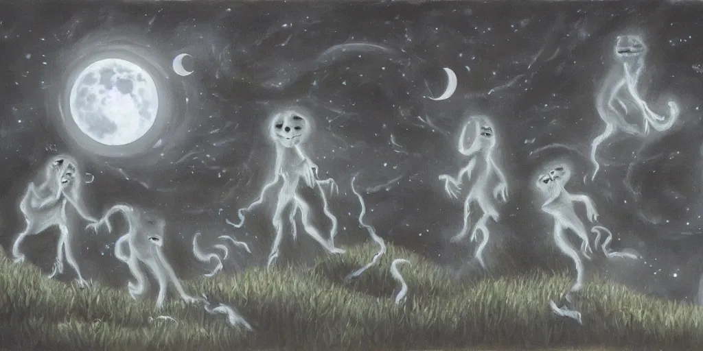 Image similar to painting of ghostly creatures prowling through the full moon night