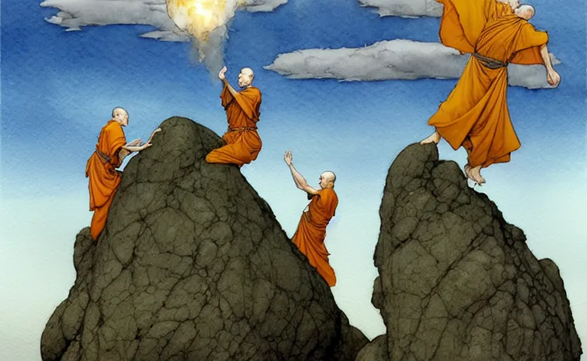 Image similar to a hyperrealist watercolour concept art of a group of grey monks levitating a huge rock in the air over their head. a large flat rock is in the sky. by rebecca guay, michael kaluta, charles vess and jean moebius giraud. high detail, hq, wide shot