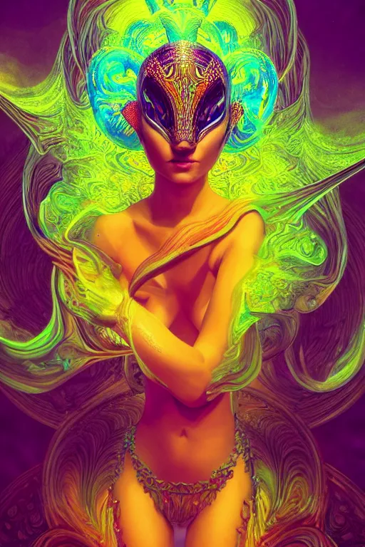 Image similar to a centered render of an alluring goddess wearing a psychedelic mask surrounded by a underwater ink pour and energy made from geometry and spiral mandel bulb fractals, powerful, cinematic, beautifully lit, by artgerm, by karol bak, 3 d, trending on artstation, octane render, 8 k