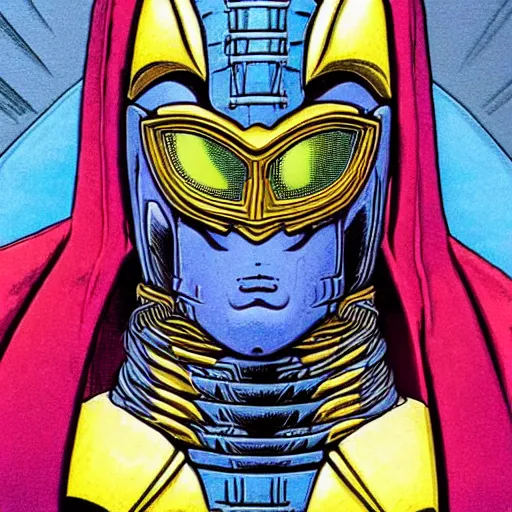 Prompt: close up portrait of the masked cyber archangel, intricate, highly detailed, masterful, in the style of moebius, akira toriyama, jean giraud