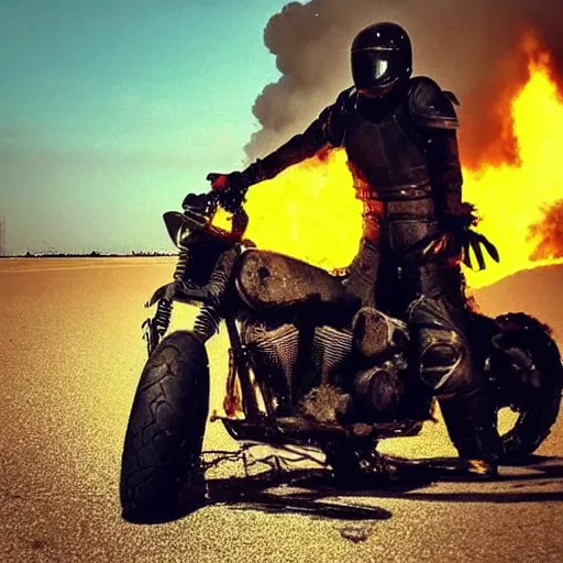 Image similar to “a knight in full armor on a burning motorcycle 🏍 that is one fire in an empty desolate field at nighttime”