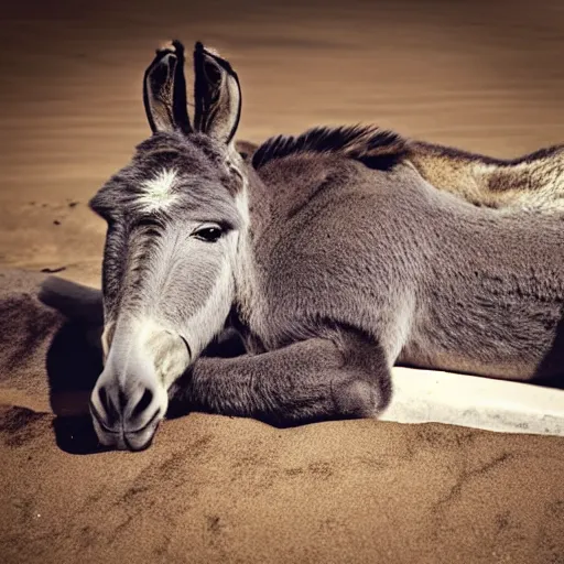 Prompt: A donkey lying on a sunbed near the beach, photorealistic