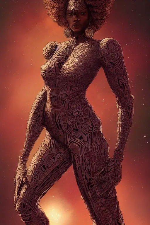 Prompt: full body portrait of very beautiful and attractive African-American woman, funkadelic spacesuit, real life skin, intricate, elegant, highly detailed, artstation, concept art, smooth, sharp focus, face by wlop, art by artgerm and greg rutkowski and alphonse mucha