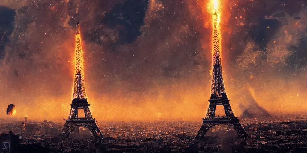 Image similar to the eifel tower gets hit by an asteroid, multiple asteroids are in the air, paris in the background is burning, apocalyptic, highly detailed, 4 k, digital paintin, sharp focus, tending on artstation