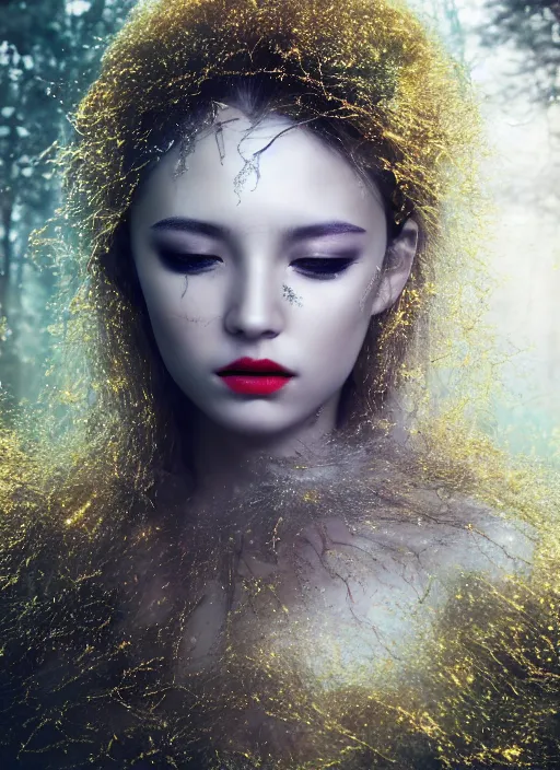 Prompt: glowing silver and golden elements, full close-up portrait, young female model from as a dark witch, book cover, green forest, white moon, red lips, establishing shot, extremly high detail, photo-realistic, cinematic lighting, pen and ink, intricate line drawings, by Yoshitaka Amano, Ruan Jia, Kentaro Miura, Artgerm, post processed, concept art, artstation, matte painting, style by eddie, raphael lacoste, alex ross