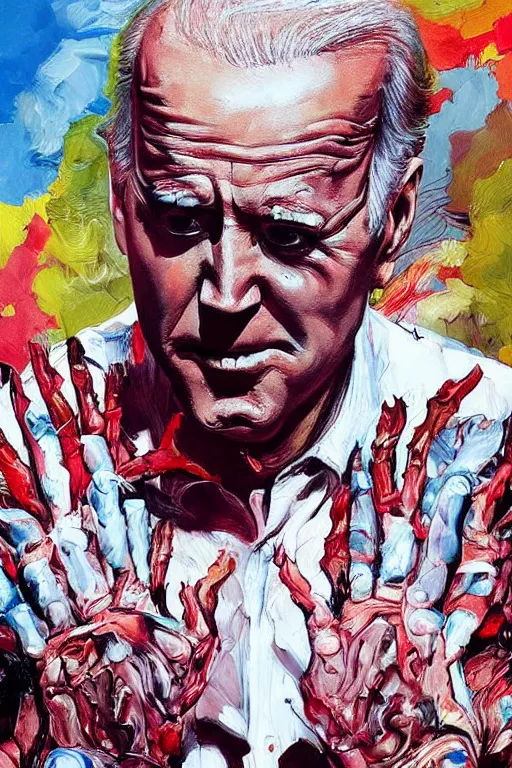 Image similar to Joe Biden full body action pose, hyper-realistic painting, Body horror, biopunk, creative design, by Ralph Steadman, Francis Bacon, Hunter S Thompson