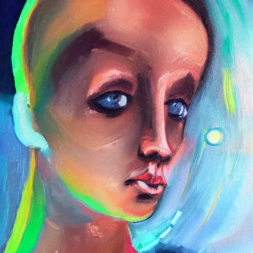 Image similar to oil painting of a girl lost in space