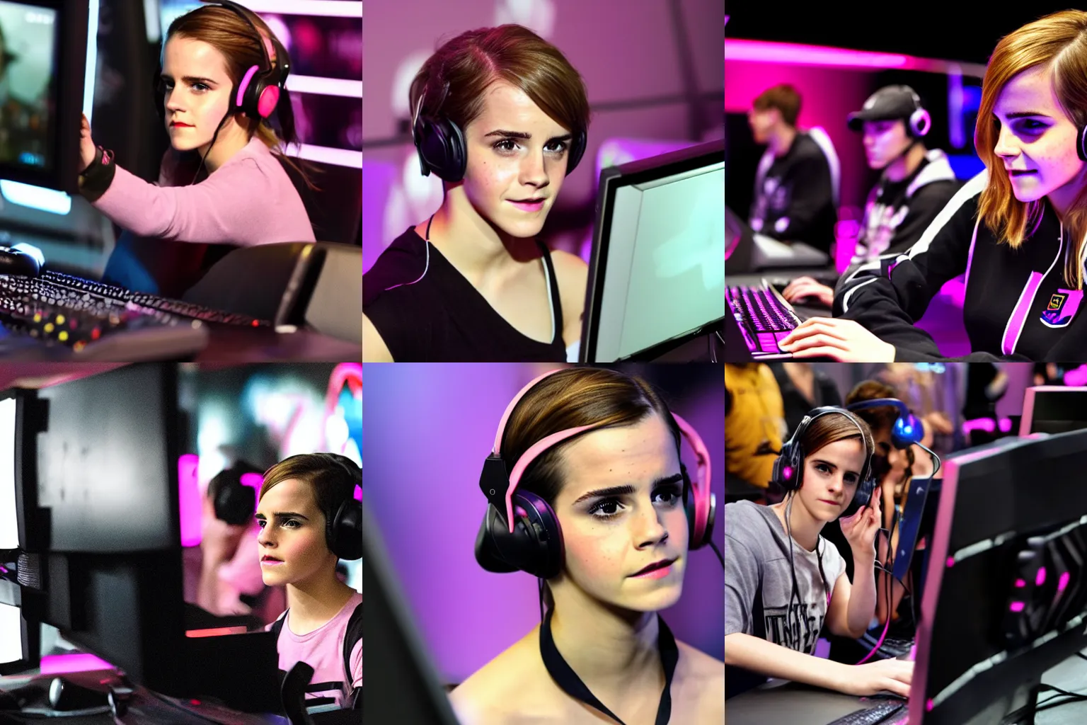 Prompt: a medium shot of Emma Watson playing video games on a computer at an esports competition, pink headphones, determined facial expression, flash photography, backlit