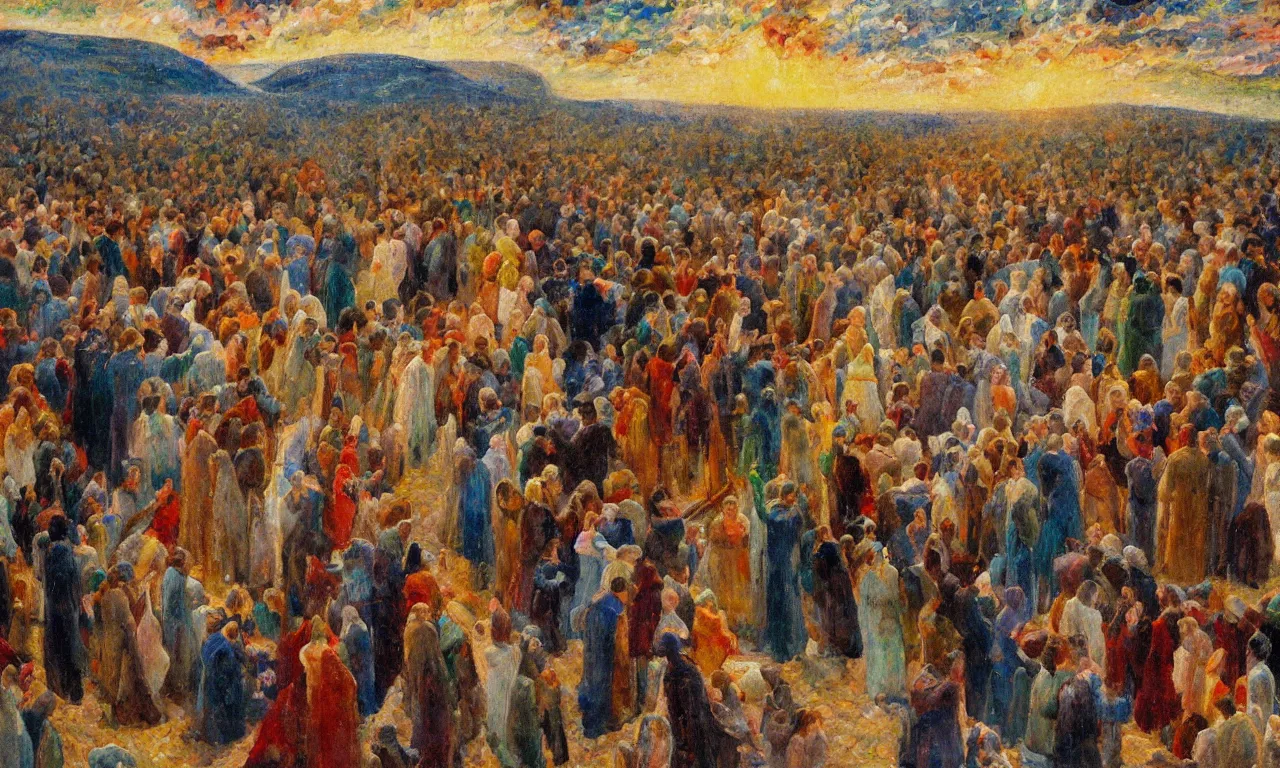 Prompt: a large group of people in kansas watches the biblical end of the world, in the style of minerva teichert, oil on canvas, impasto, visible brushstrokes, watercolor, 8 k scan